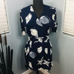 Rare! LA MODA Vintage Shell Dress Navy Blue Womens.